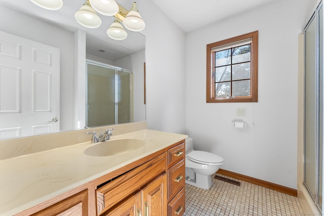 full bathroom with toilet, vanity, a shower stall, and visible vents