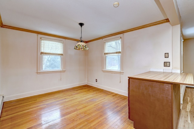 spare room featuring ornamental molding, a baseboard heating unit, light wood-style floors, and baseboards