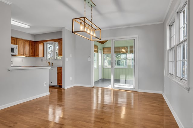 unfurnished dining area with crown molding, a notable chandelier, light wood-style flooring, a sink, and baseboards