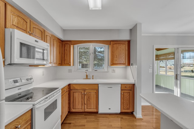 kitchen featuring white appliances, light countertops, a sink, and light wood finished floors