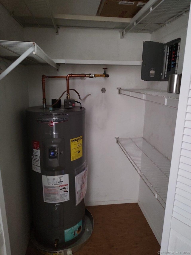 utility room featuring electric panel and electric water heater