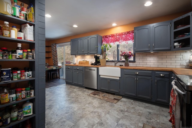 kitchen with dishwasher, butcher block counters, open shelves, a sink, and range with electric stovetop