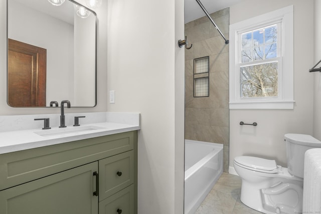 full bath featuring shower / washtub combination, vanity, and toilet