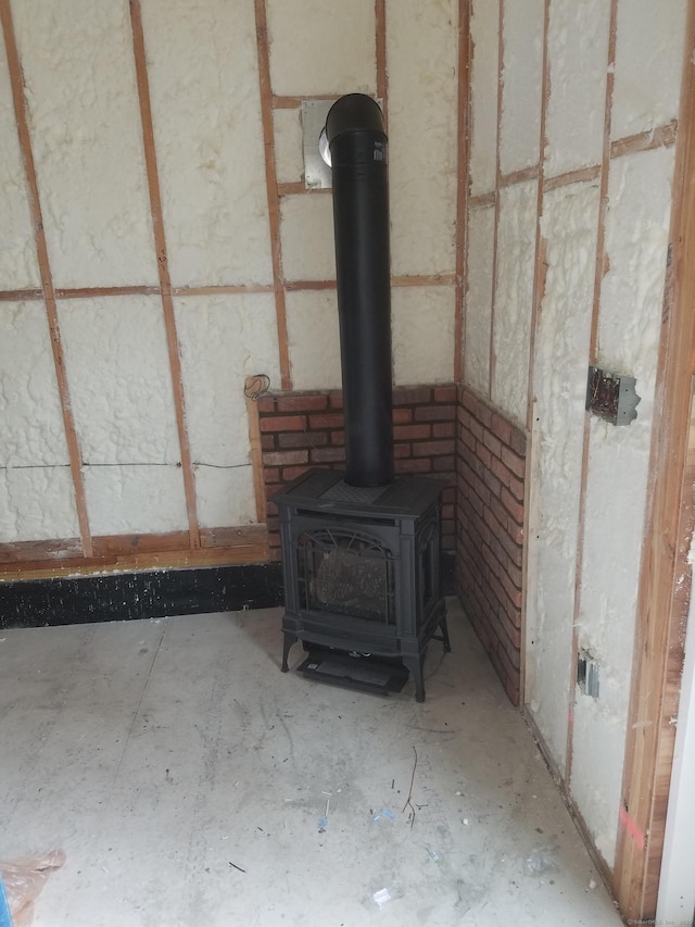 room details featuring a wood stove