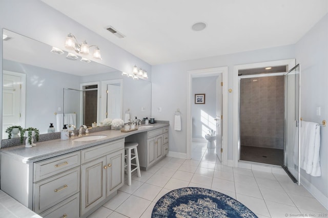 bathroom featuring tile patterned flooring, a sink, visible vents, and a shower stall