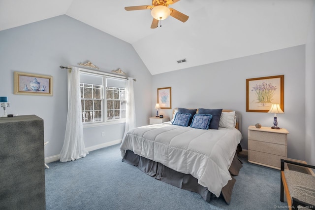 bedroom with visible vents, a ceiling fan, vaulted ceiling, baseboards, and carpet