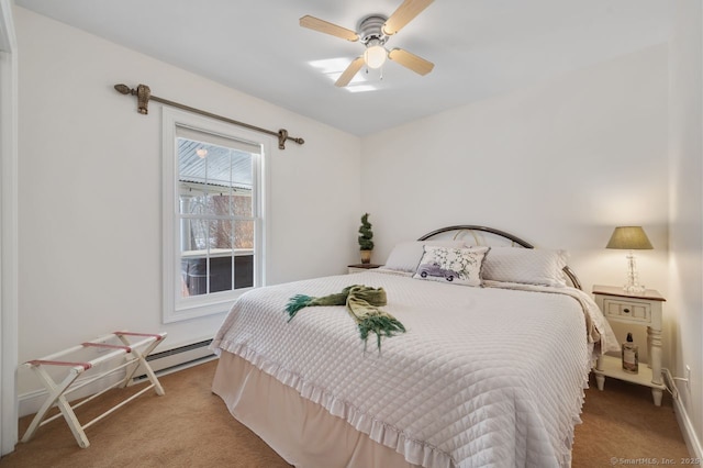 bedroom featuring carpet, ceiling fan, and baseboard heating