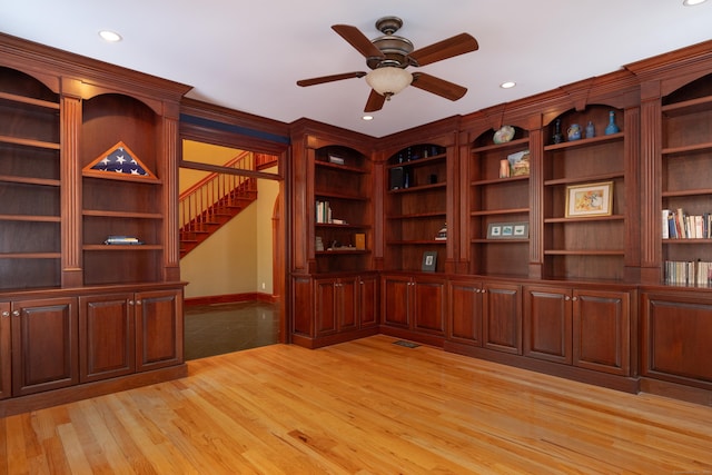 interior space featuring recessed lighting, visible vents, baseboards, a ceiling fan, and light wood finished floors