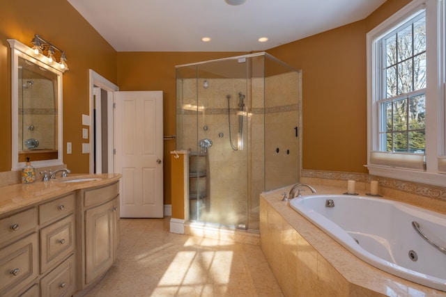 bathroom with recessed lighting, vanity, a jetted tub, tile patterned floors, and a stall shower