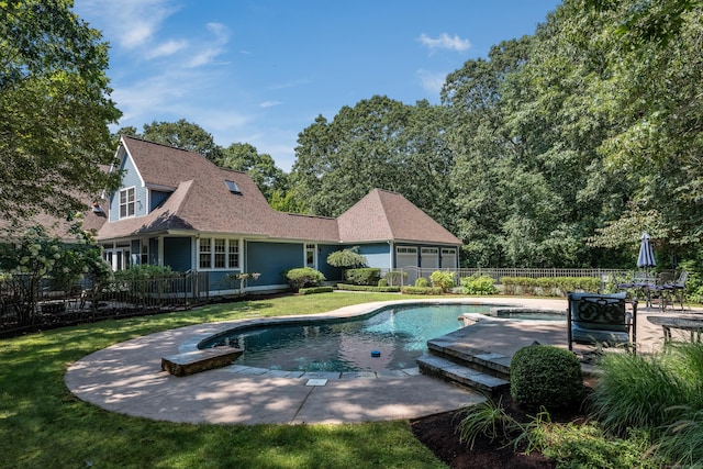 view of pool featuring a patio area, a fenced in pool, fence, and a lawn