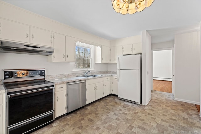 kitchen with dishwasher, black electric range oven, freestanding refrigerator, under cabinet range hood, and a sink