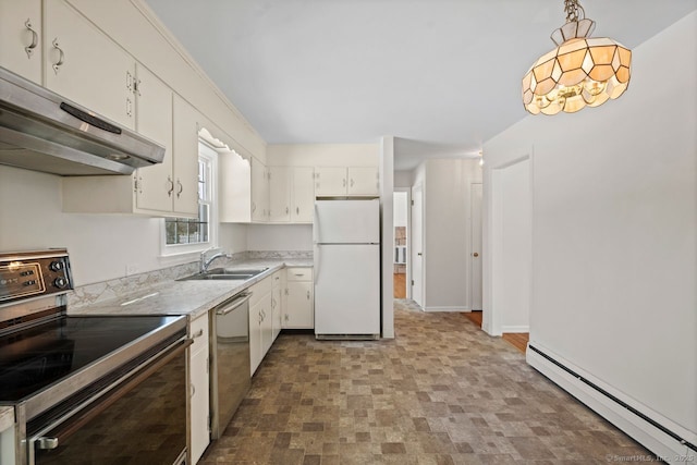 kitchen with a baseboard radiator, under cabinet range hood, stainless steel appliances, a sink, and white cabinetry