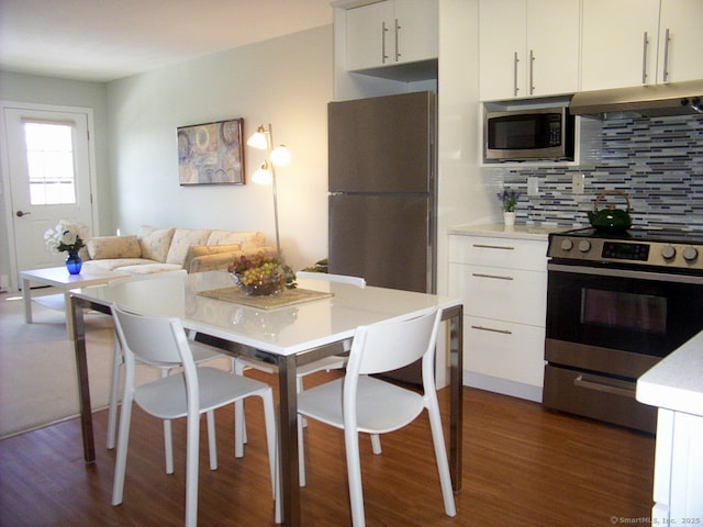 kitchen featuring stainless steel appliances, tasteful backsplash, white cabinetry, and under cabinet range hood