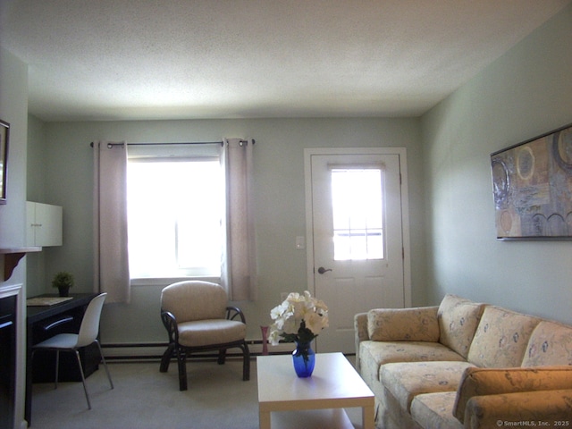 living room with a baseboard heating unit, carpet, and a healthy amount of sunlight