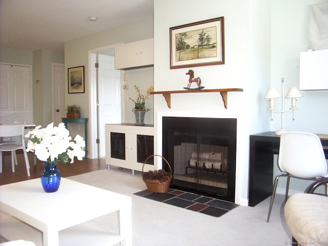 living area featuring a fireplace with flush hearth