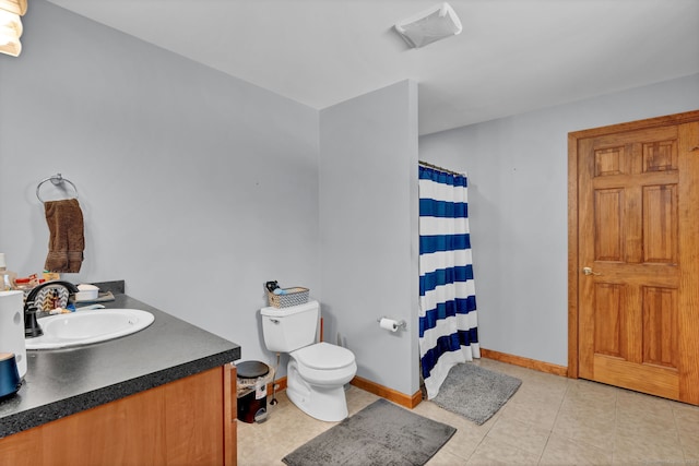 full bath with visible vents, toilet, tile patterned floors, curtained shower, and vanity