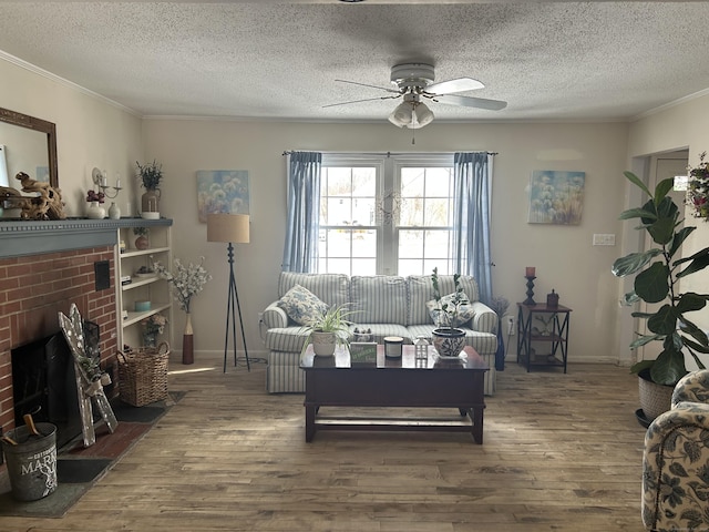 living room featuring a textured ceiling, a fireplace, ornamental molding, and dark wood-type flooring