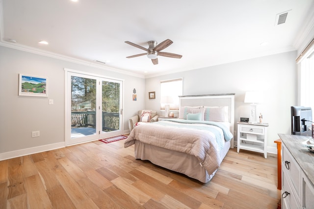 bedroom featuring access to exterior, visible vents, crown molding, and light wood-style flooring