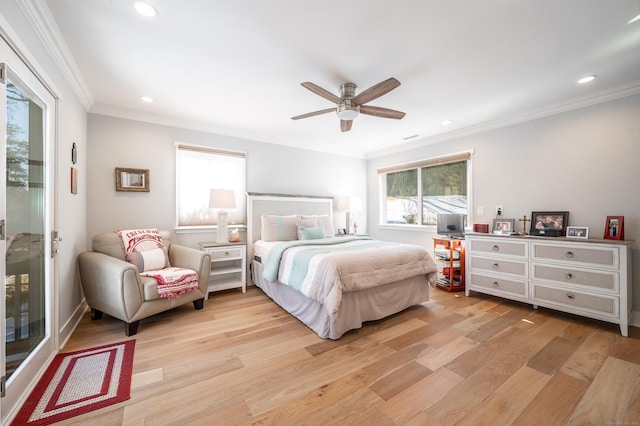 bedroom featuring light wood-style floors, crown molding, and recessed lighting