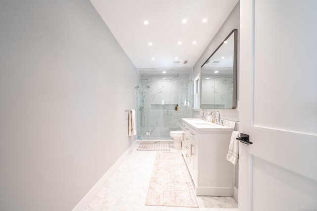 full bathroom with toilet, vanity, baseboards, marble finish floor, and a marble finish shower