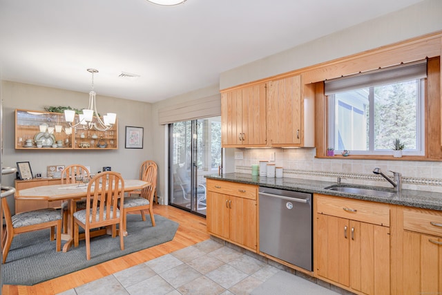 kitchen with tasteful backsplash, a chandelier, dishwasher, and a sink