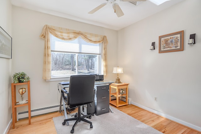 office featuring light wood-type flooring, a baseboard radiator, baseboards, and ceiling fan