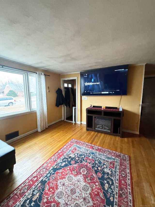 living area featuring a textured ceiling, baseboards, and hardwood / wood-style flooring