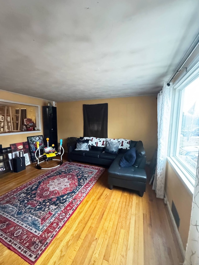 living area featuring baseboards and wood finished floors