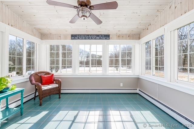 unfurnished sunroom featuring a baseboard heating unit, wooden ceiling, and a wealth of natural light