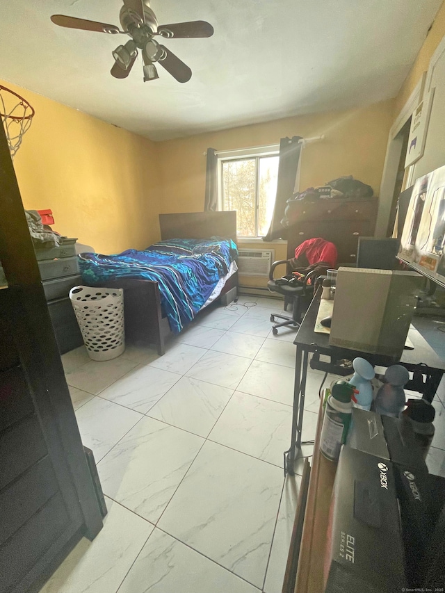 bedroom featuring a ceiling fan and marble finish floor