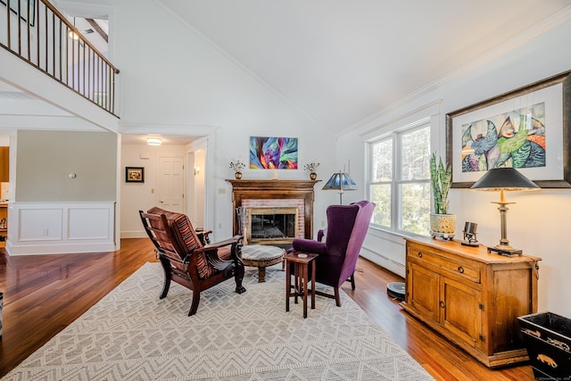 living area with high vaulted ceiling, a baseboard radiator, light wood-style flooring, ornamental molding, and a glass covered fireplace