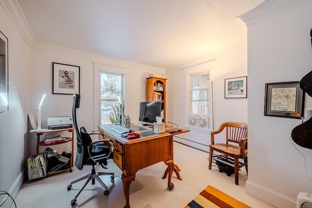 office featuring baseboard heating, crown molding, and light colored carpet