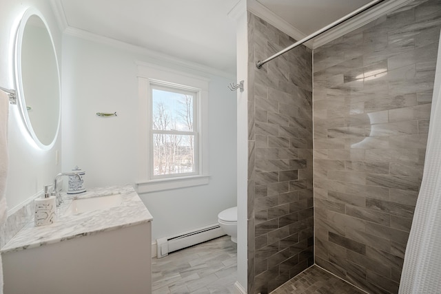 full bathroom featuring toilet, vanity, ornamental molding, baseboard heating, and tiled shower