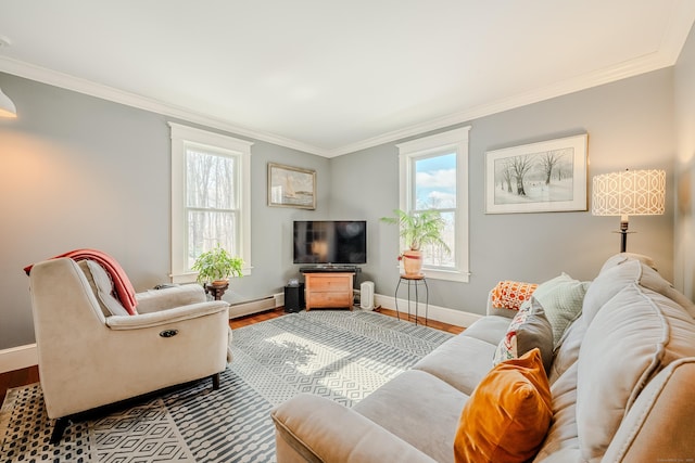 living area with crown molding and wood finished floors