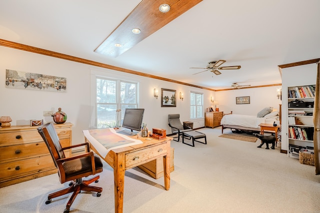 office space featuring carpet flooring, a ceiling fan, and crown molding