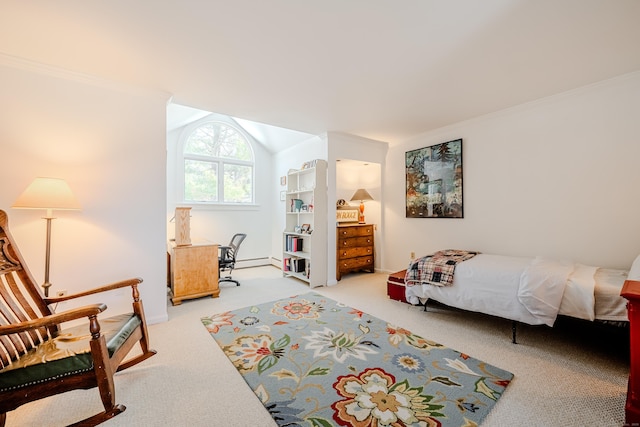 bedroom with ornamental molding, lofted ceiling, and light colored carpet