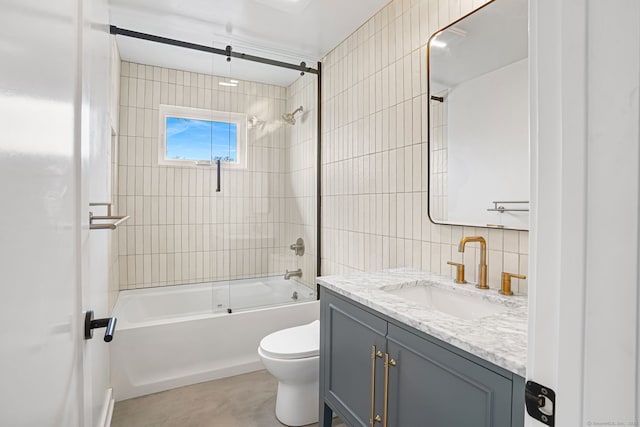 full bathroom featuring shower / washtub combination, tile walls, decorative backsplash, toilet, and vanity