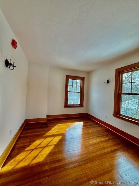 spare room with plenty of natural light, baseboards, and wood finished floors