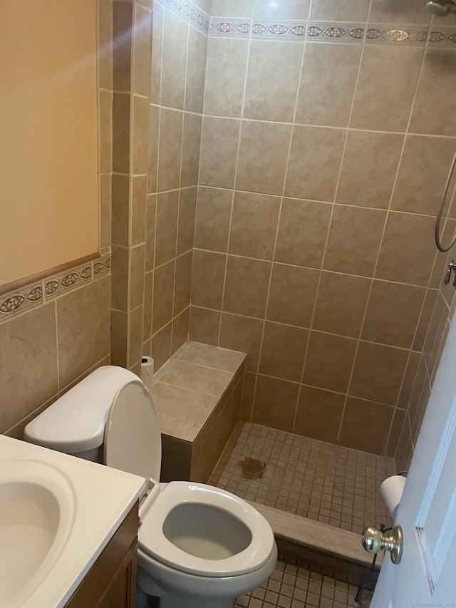 full bath featuring toilet, a stall shower, tile patterned floors, and vanity