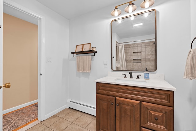 bathroom featuring curtained shower, a baseboard radiator, tile patterned flooring, vanity, and baseboards