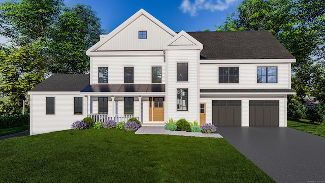 view of front of property featuring a garage, driveway, a porch, and a front lawn