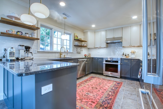 kitchen featuring open shelves, stainless steel dishwasher, a sink, oven, and under cabinet range hood