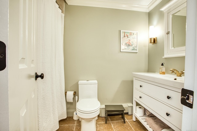 full bath featuring stone tile flooring, vanity, toilet, and crown molding