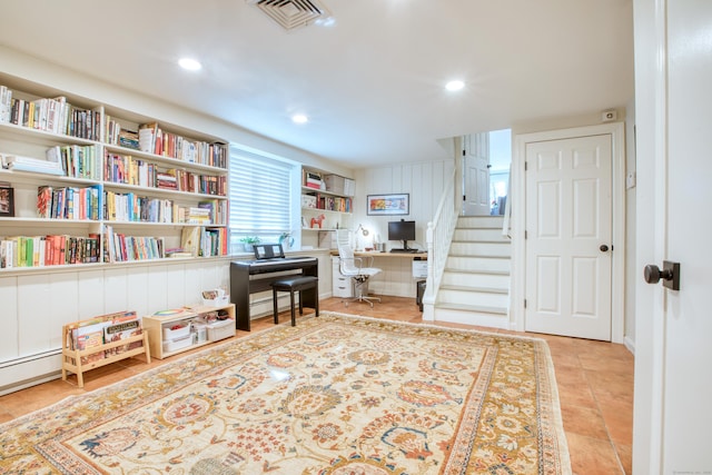 living area featuring built in features, recessed lighting, visible vents, built in study area, and tile patterned floors