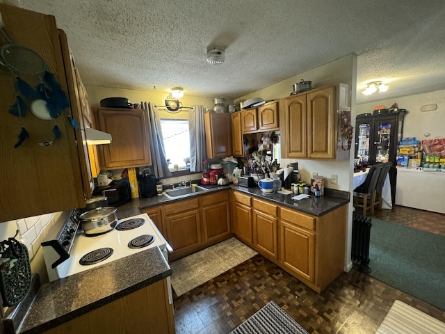 kitchen featuring under cabinet range hood, dark countertops, a sink, and brown cabinets