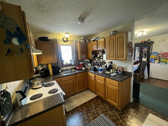 33 Guilford St Unit B, Hartford, CT 06120 - kitchen featuring dark countertops, brown cabinetry, under cabinet range hood, and a sink