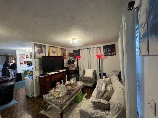 living room with a textured ceiling