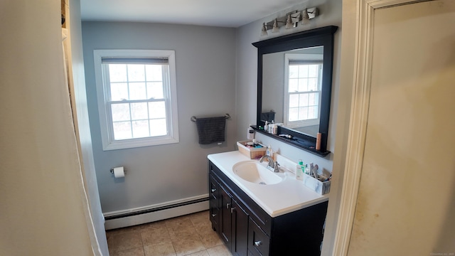 bathroom featuring a wealth of natural light, tile patterned flooring, vanity, and baseboard heating