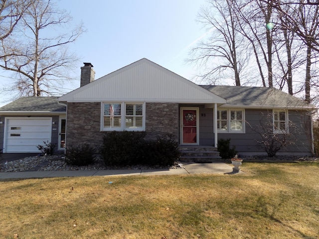 ranch-style home featuring a garage, a chimney, a front lawn, and stone siding