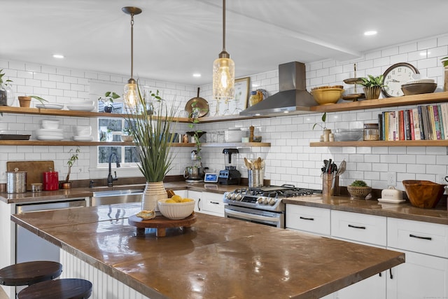 11 Pearl St, Groton, CT 06340 - kitchen with a sink, open shelves, range hood, and stainless steel appliances